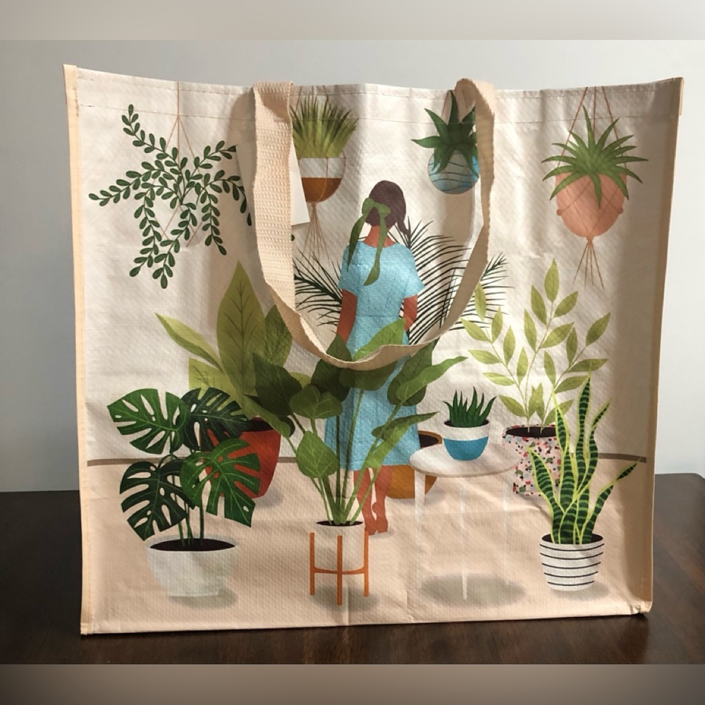 HomeGood Tote Reusable  shopping bag plants graphic light peach. XL 18”x20”x7”